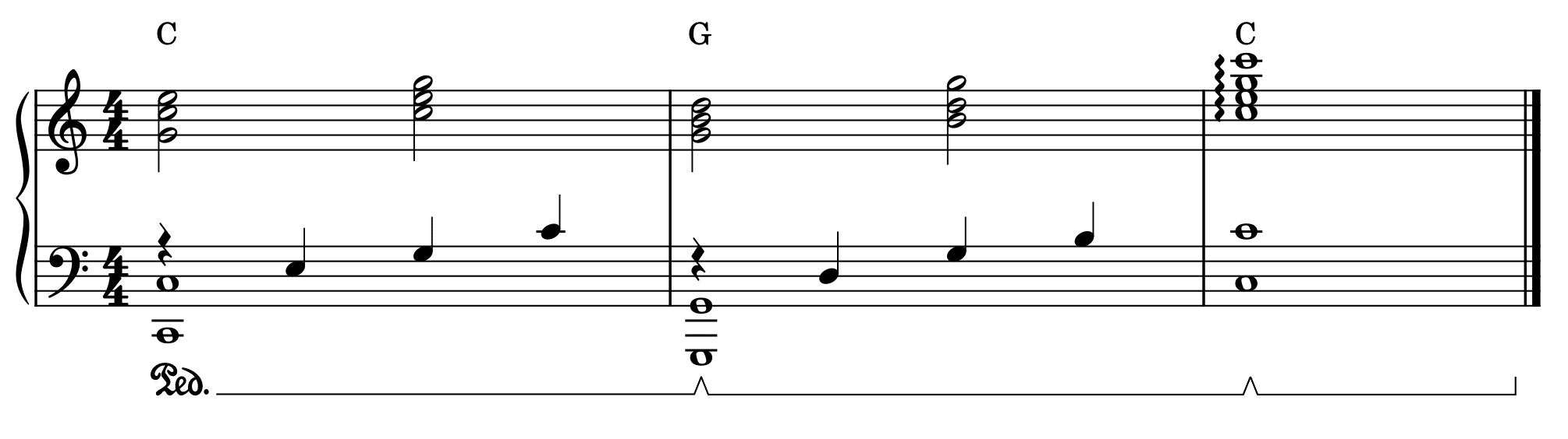 Same passage shown with explicit pedal markings — the version that helps a less experienced player