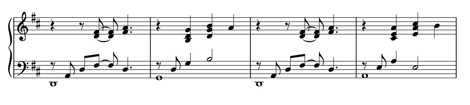 Sustain pedal notation example showing how multiple voices imply pedal usage