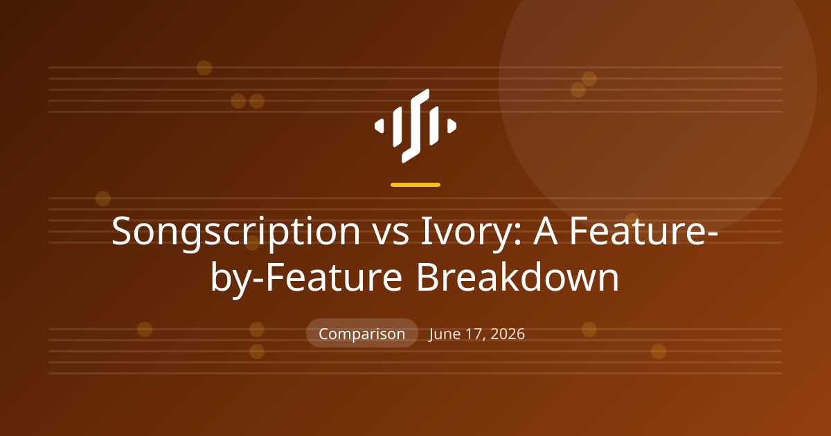 Songscription compared with Ivory, feature by feature: piano-only versus multi-instrument transcription and exports